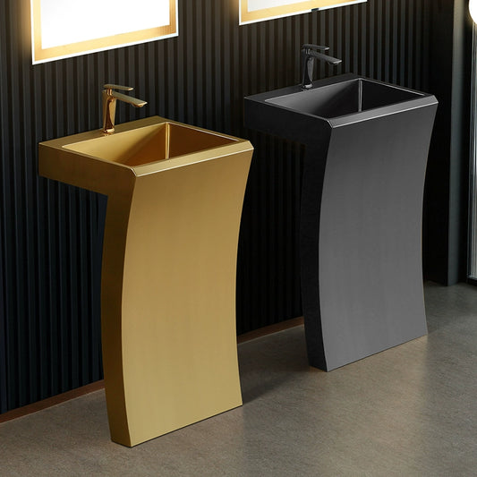 Black stainless steel wash basin integrated with golden column-style wash basin, hotel floor-standing wash basin