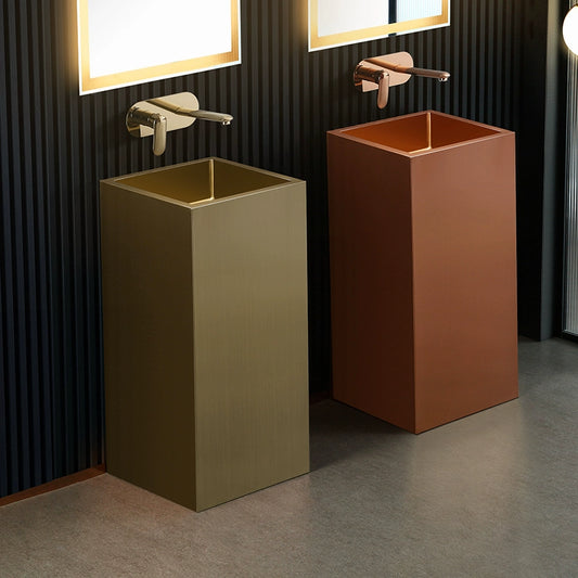 Rose gold stainless steel column-style washbasin for hotel, high-end hand washing basin integrated with a square-shaped floor-standing model