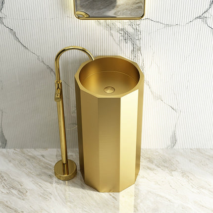 Cylindrical geometric irregular washbasin with retro stainless steel upright column, industrial style black upright washbasin, balcony washbasin