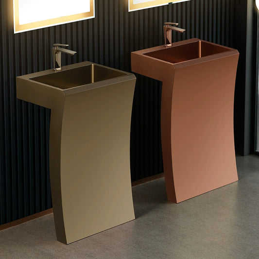 Rose gold luxury stainless steel column-style washbasin for hotel floor-standing washroom and handwashing station, integrated unit