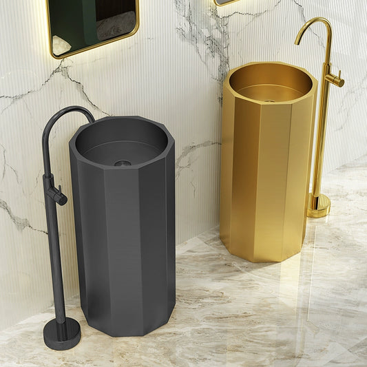Cylindrical geometric irregular washbasin with retro stainless steel upright column, industrial style black upright washbasin, balcony washbasin