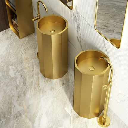 Cylindrical geometric irregular washbasin with retro stainless steel upright column, industrial style black upright washbasin, balcony washbasin
