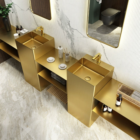 Golden stainless steel wash basin integrated floor-standing washroom set for guesthouse and hotel; column-style wash basin